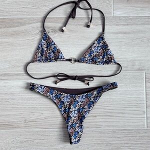 Lounge Reversible Triangle Two Piece Swimsuit Bikini in Brown Floral Large